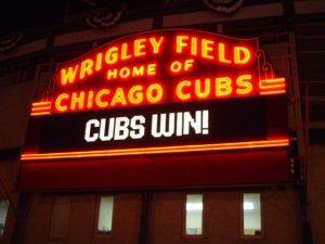 A rare "Cubs Win" sign.